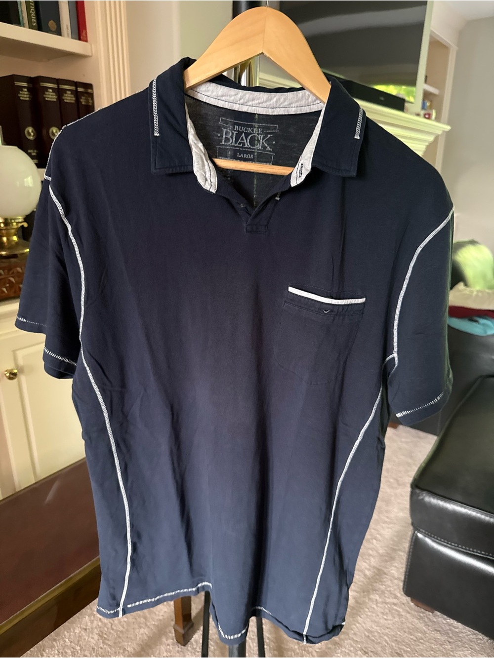 Buckle Black navy polo shirt with white piping,